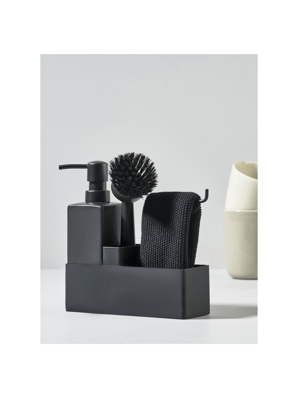 Afwasmiddel dispenser Parta met afwasborstel in zwart, 3-delig, Keramiek, siliconen, Zwart, B 19 cm x H 21 cm