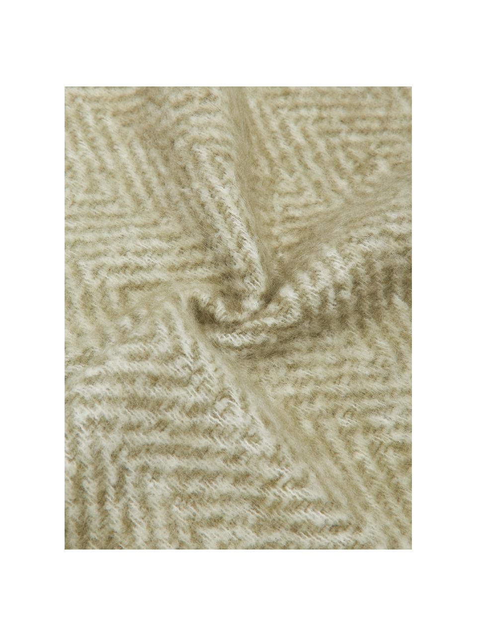 Plaid en laine vert avec franges Mathea, 60 % laine, 25 % acrylique, 15 % nylon, Brun, couleur crème, long. 170 x larg. 130 cm