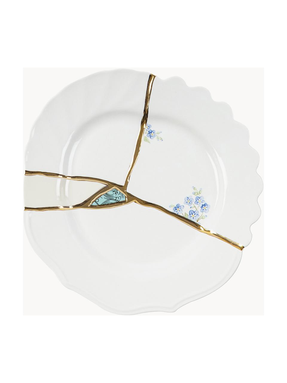 Designer porseleinen ontbijtbord Kintsugi, Decoratie: goudkleurig, Wit met bloemmotief, Ø 21 cm
