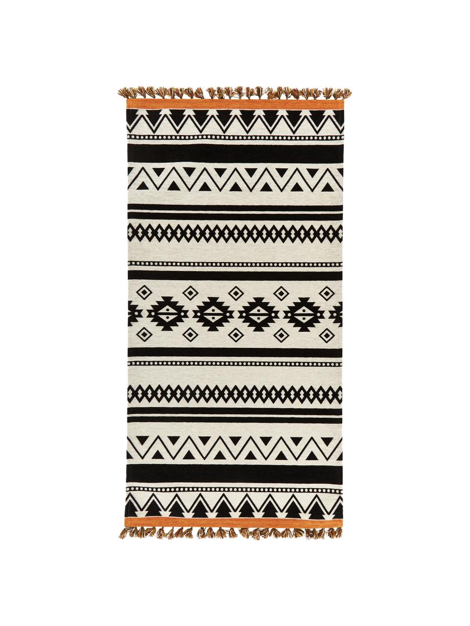 Tappeto Kilim con motivo etnico e nappe Afar, Cotone, poliestere, Nero, Larg. 80 x Lung. 150 cm (taglia XS)