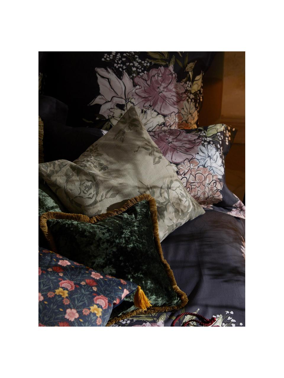 Baumwollsatin-Bettdeckenbezug Margot mit Blumen-Print, Webart: Satin Fadendichte 210 TC,, Dunkelblau, Hellbeige, B 200 x L 200 cm