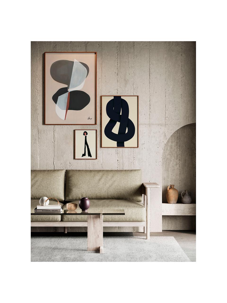 Poster Artwall no. 06 mit Rahmen, 3er-Set, Rahmen: Kiefernholz, Front: Plexiglas, Beige- und Schwarztöne, Set mit verschiedenen Grössen
