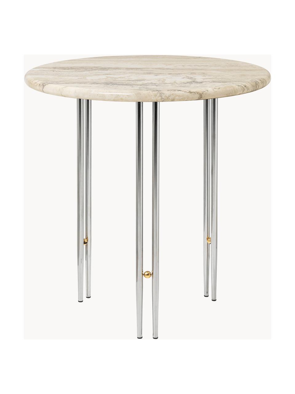 Runder Marmor-Beistelltisch IOI, Tischplatte: Marmor, Gestell: Stahl, lackiert, Dekor: Messing, Beige marmoriert, Silberfarben, Ø 50 x H 50 cm