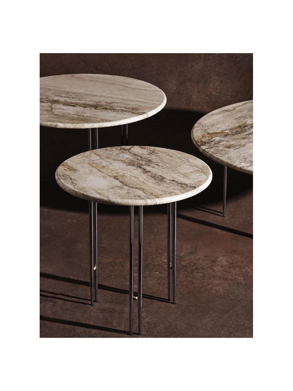 Okrągły stolik pomocniczy z marmuru IOI, Blat: marmur, Stelaż: stal lakierowana, Beżowy marmurowy, odcienie srebrnego, Ø 50 x W 50 cm