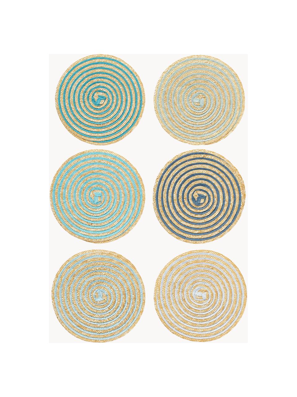Manteles individuales redondos Baita, 6 uds., Rafia, Beige, tonos azules y verdes, Ø 39 cm