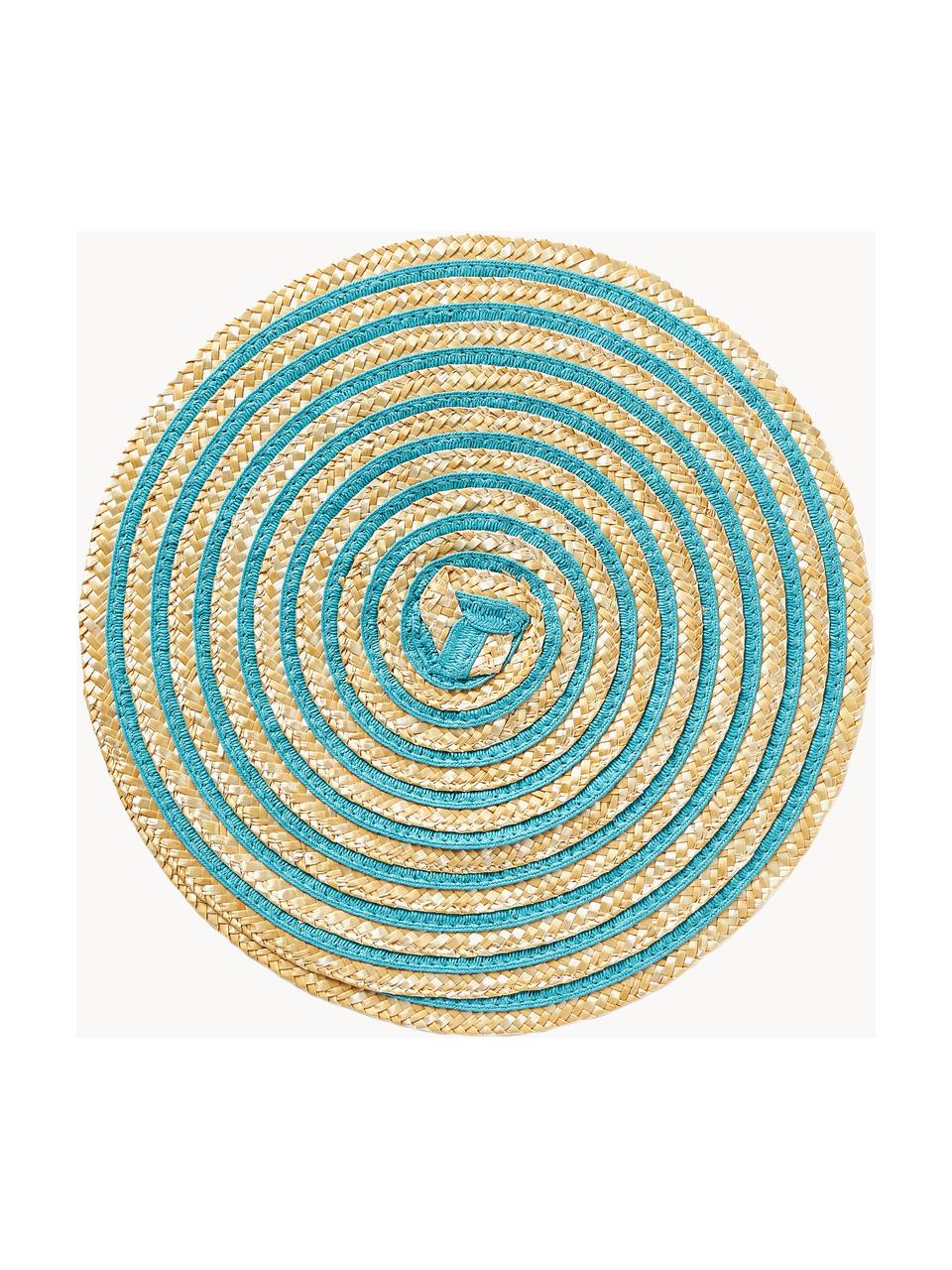 Ronde placemats Baita van raffia, set van 6, Bastvezels, Beige, blauw- en groentinten, Ø 39 cm