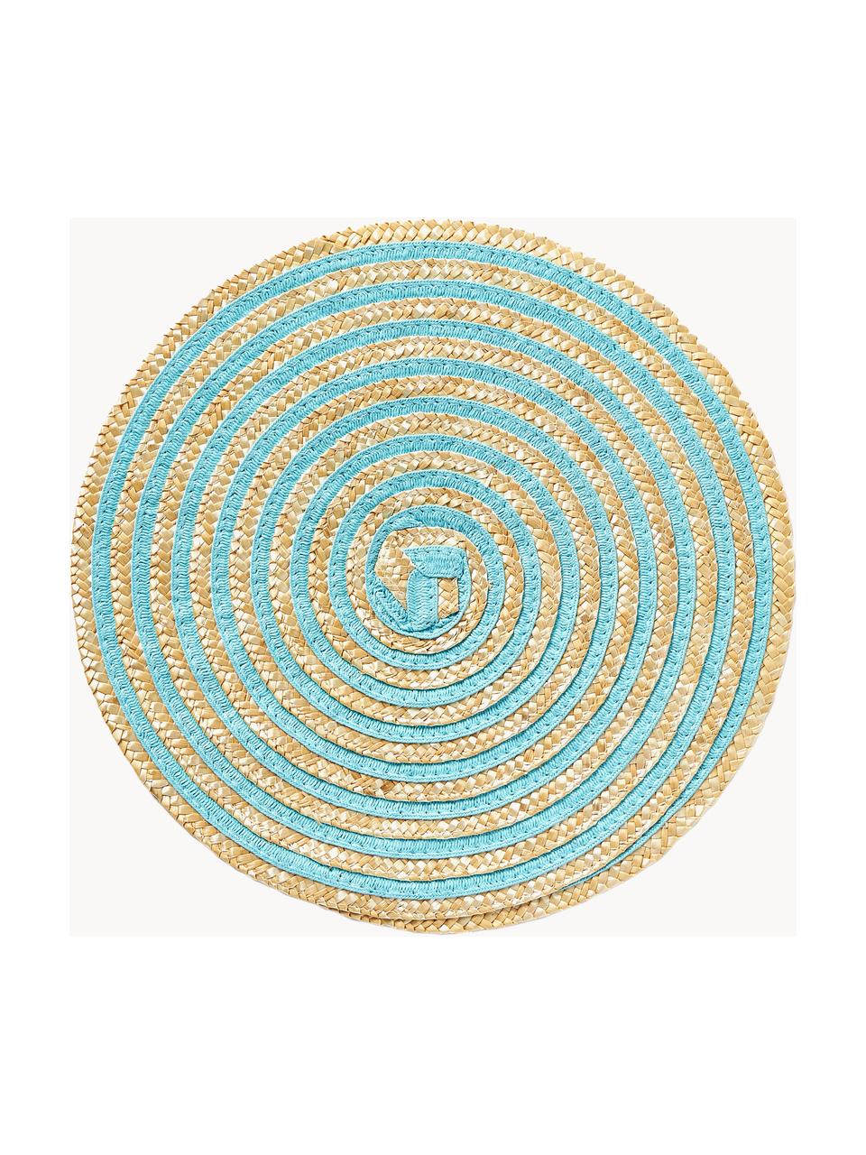 Ronde placemats Baita van raffia, set van 6, Bastvezels, Beige, blauw- en groentinten, Ø 39 cm