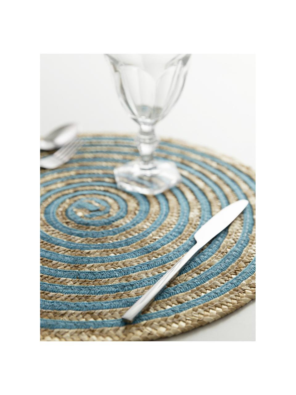 Ronde placemats Baita van raffia, set van 6, Bastvezels, Beige, blauw- en groentinten, Ø 39 cm