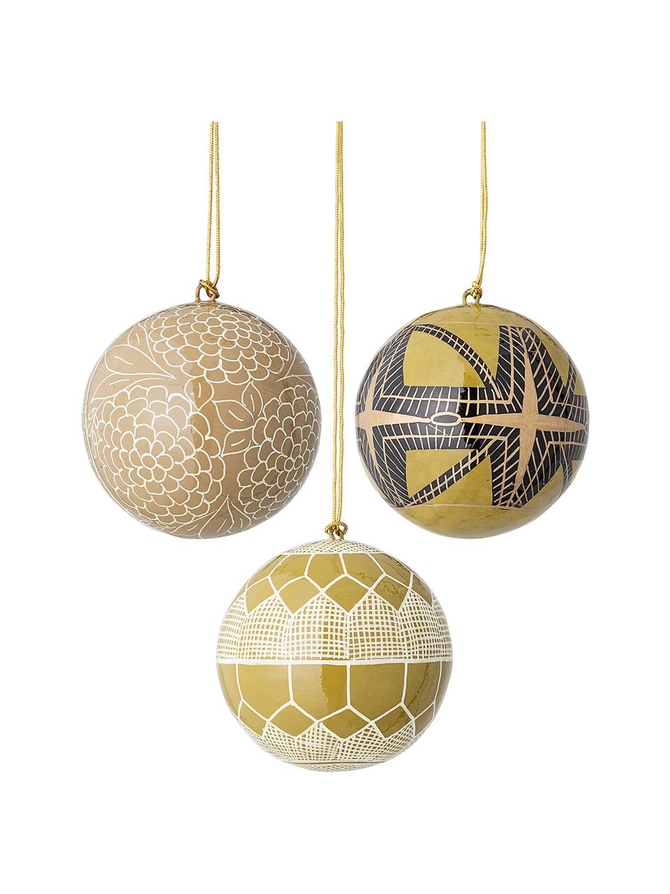 Kerstballen Mia, 3 stuks, Geel, beige, zwart, wit, Ø 7 x H 7 cm