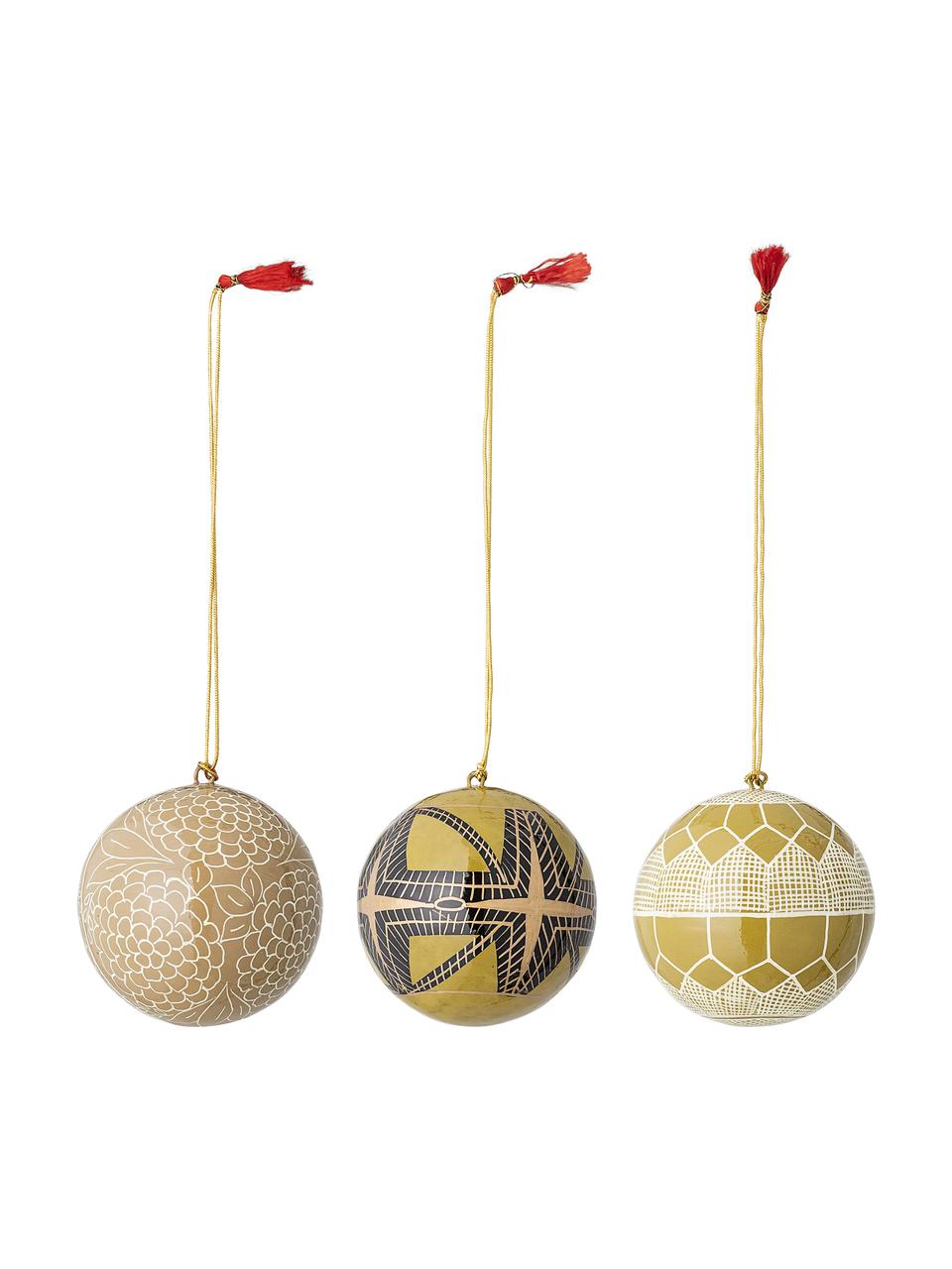 Kerstballen Mia, 3 stuks, Geel, beige, zwart, wit, Ø 7 x H 7 cm