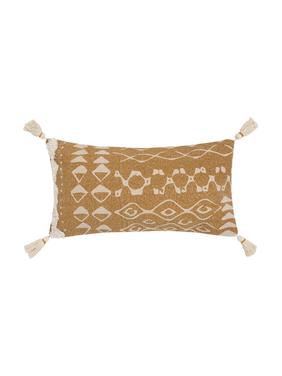 Boho kussenhoes Boa met kwastjes, 100% katoen, Geel, wit, 30 x 60 cm