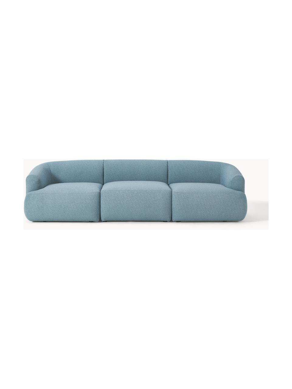 Sofa modułowa bouclé Sofia (3-osobowa), Tapicerka: bouclé (100% poliester) D, Stelaż: drewno świerkowe z certyf, Nogi: tworzywo sztuczne, Niebieski bouclé, S 273 x G 103 cm