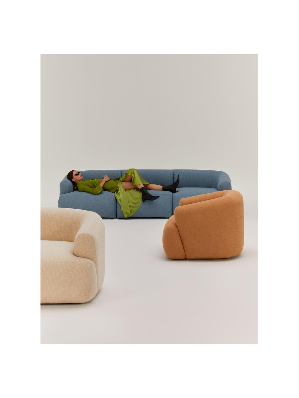 Sofa modułowa bouclé Sofia (3-osobowa), Tapicerka: bouclé (100% poliester) D, Stelaż: drewno świerkowe z certyf, Nogi: tworzywo sztuczne, Niebieski bouclé, S 273 x G 103 cm
