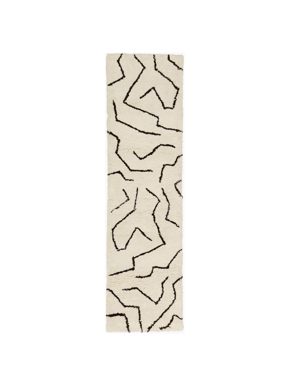 Passatoia a pelo lungo fatta a mano Davin, Retro: poliestere riciclato, Bianco crema, nero, Larg. 80 x Lung. 200 cm
