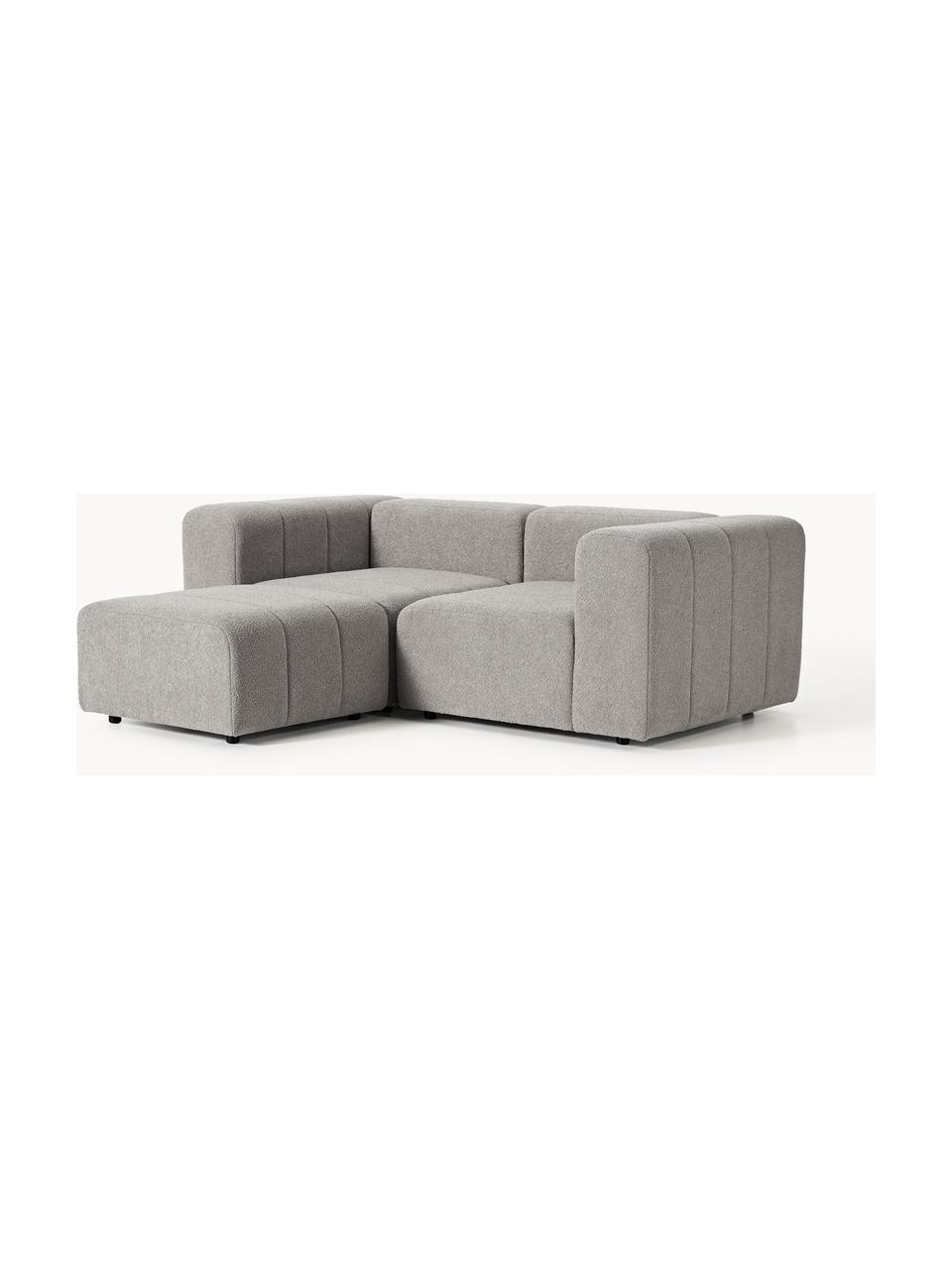 Modulares Bouclé-Sofa Lena (3-Sitzer) mit Hocker (links/rechts), Bezug: Bouclé (93 % Polyester, 6, Gestell: Buchenholz, Spanplatte, H, Füße: Kunststoff, Bouclé Grau, B 211 x T 181 cm