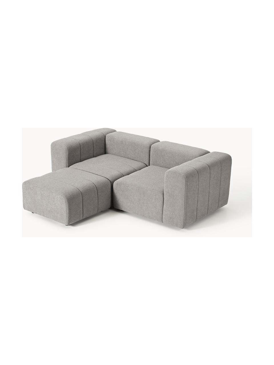 Modulares Bouclé-Sofa Lena (3-Sitzer) mit Hocker (links/rechts), Bezug: Bouclé (93 % Polyester, 6, Gestell: Buchenholz, Spanplatte, H, Füße: Kunststoff, Bouclé Grau, B 211 x T 181 cm