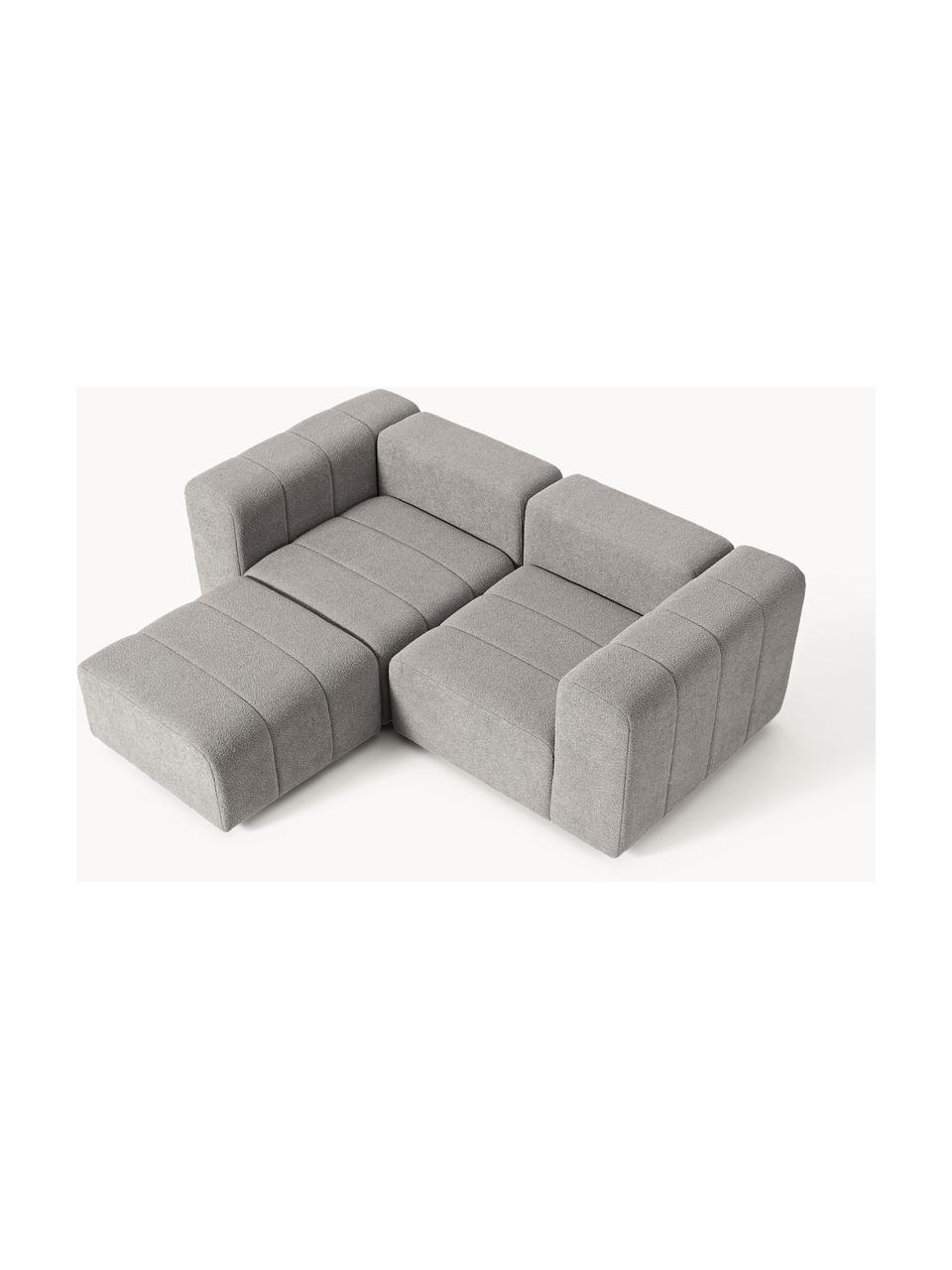 Modulares Bouclé-Sofa Lena (3-Sitzer) mit Hocker, Bezug: Bouclé (93 % Polyester, 6, Gestell: Buchenholz, Spanplatte, H, Bouclé Grau, B 211 x T 181 cm