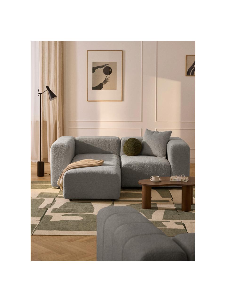 Modulares Bouclé-Sofa Lena (3-Sitzer) mit Hocker, Bezug: Bouclé (93 % Polyester, 6, Gestell: Buchenholz, Spanplatte, H, Füße: Kunststoff, Bouclé Grau, B 211 x T 181 cm