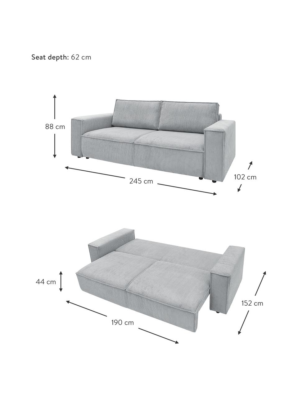 Sofá cama de pana Nihad (3 plazas), con espacio de almacenamiento, Tapizado: pana de poliéster, Patas: plástico, Pana gris claro, An 245 x F 102 cm