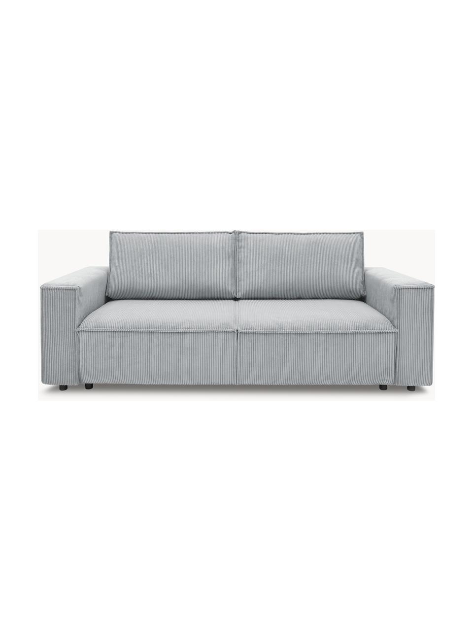 Sofá cama de pana Nihad (3 plazas), con espacio de almacenamiento, Tapizado: pana de poliéster, Patas: plástico, Pana gris claro, An 245 x F 102 cm