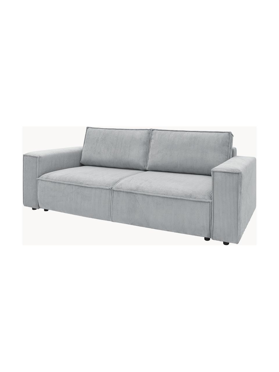 Sofa rozkładana ze sztruksu z miejscem do przechowywania Nihad (3-osobowa), Tapicerka: sztruks poliestrowy, Nogi: tworzywo sztuczne, Jasnoszary sztruks, S 245 x G 102 cm