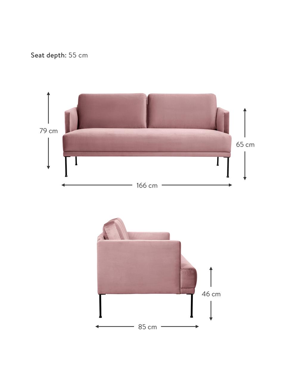 Sofa z aksamitu z metalowymi nogami Fluente (2-osobowa), Tapicerka: aksamit (wysokiej jakości, Stelaż: lite drewno sosnowe z cer, Nogi: metal malowany proszkowo, Bladoróżowy aksamit, S 166 x G 85 cm
