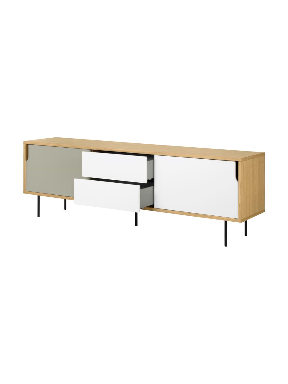 Credenza scandi Danny, Superficie: con finitura in legno di , Gambe: acciaio verniciato, Legno di quercia, bianco, grigio, Larg. 201 x Alt. 65 cm