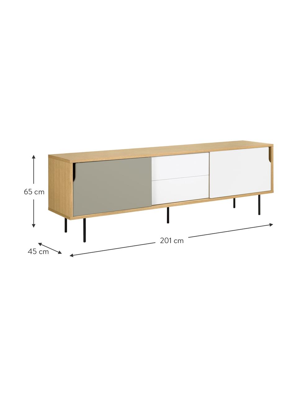 Dressoir Danny in scandi design, Frame: honingraat kernpaneel, Poten: gelakt staal, Eikenhoutkleurig, wit, grijs, 201 x 65 cm