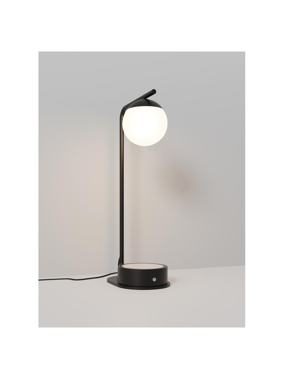 Lampada da tavolo con funzione di ricarica wireless Gael, Paralume: vetro opale, Struttura: metallo verniciato a polv, Nero, bianco, Larg. 11 x Alt. 38 cm