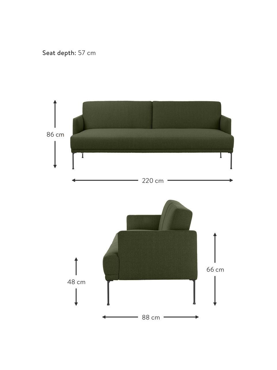 Slaapbank Fluente (3-zits), Bekleding: 80% polyester, 20% ramie , Frame: massief grenenhout, FSC-g, Poten: gepoedercoat metaal, Geweven stof donkergroen, B 220 x H 86 cm