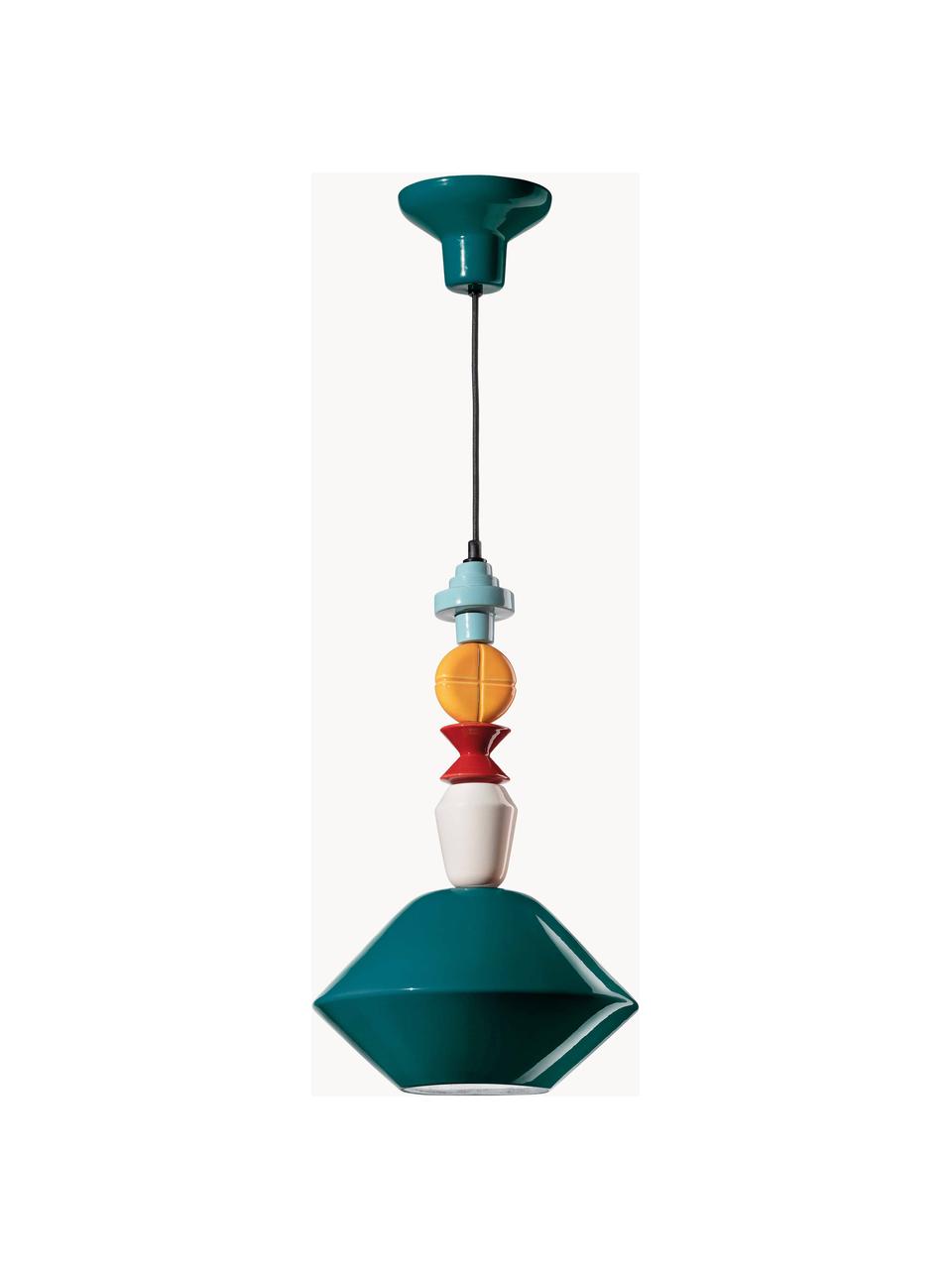 Handgefertigte Design-Pendelleuchte Lariat, Lampenschirm: Glas, Dekor: Keramik, Baldachin: Aluminium, pulverbeschich, Petrol, Bunt, Ø 31 x H 56 cm