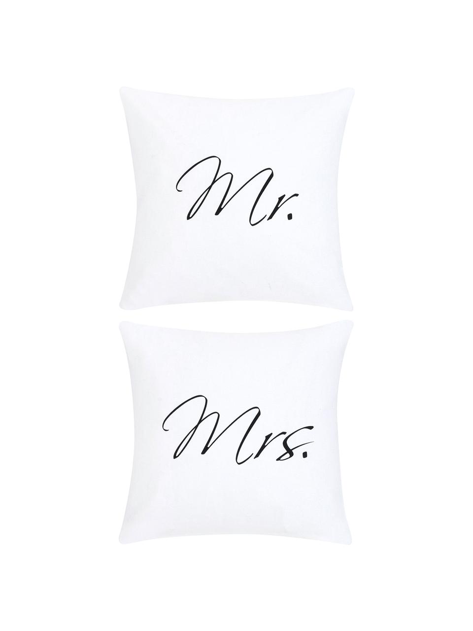 Set de fundas de cojín Mr&Mrs, 2 pzas., Blanco, negro, An 40 x L 40 cm