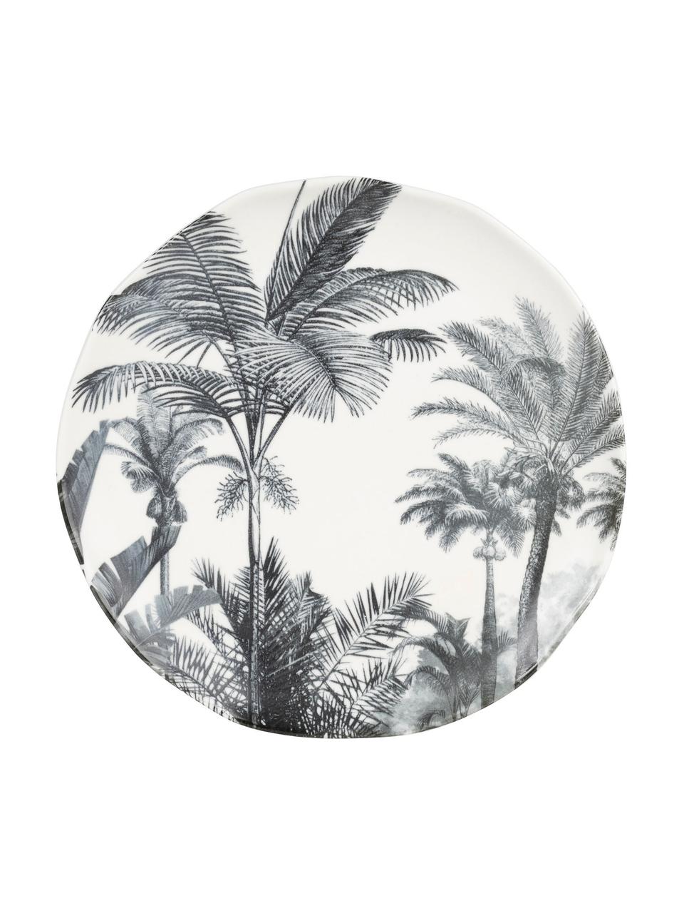 Ontbijtborden Papaye met palmmotief, 4 stuks, Porselein, Wit, zwart, Ø 21 cm