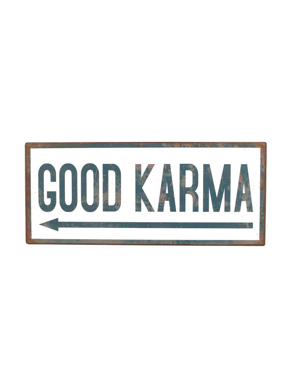 Wandbord Good Karma, Metaal, met motieffolie bekleed, Wit, blauw, 31 x 13 cm