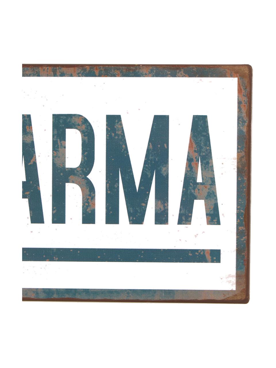 Wandbord Good Karma, Metaal, met motieffolie bekleed, Wit, blauw, 31 x 13 cm