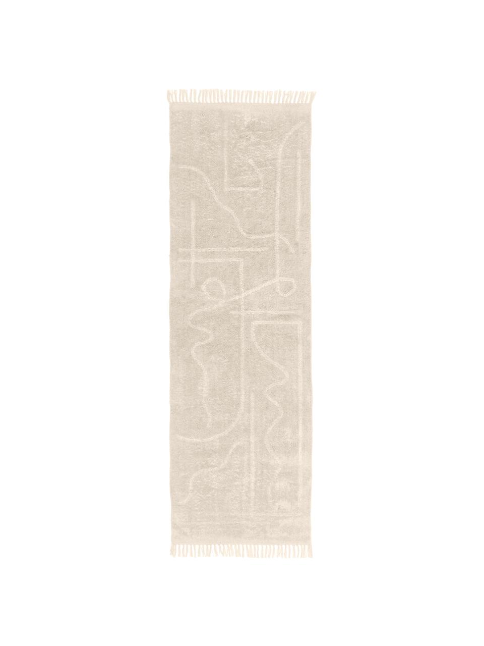 Ručne tuftovaný bavlnený behúň so strapcami Lines, Béžová, biela, Š 80 x D 250 cm
