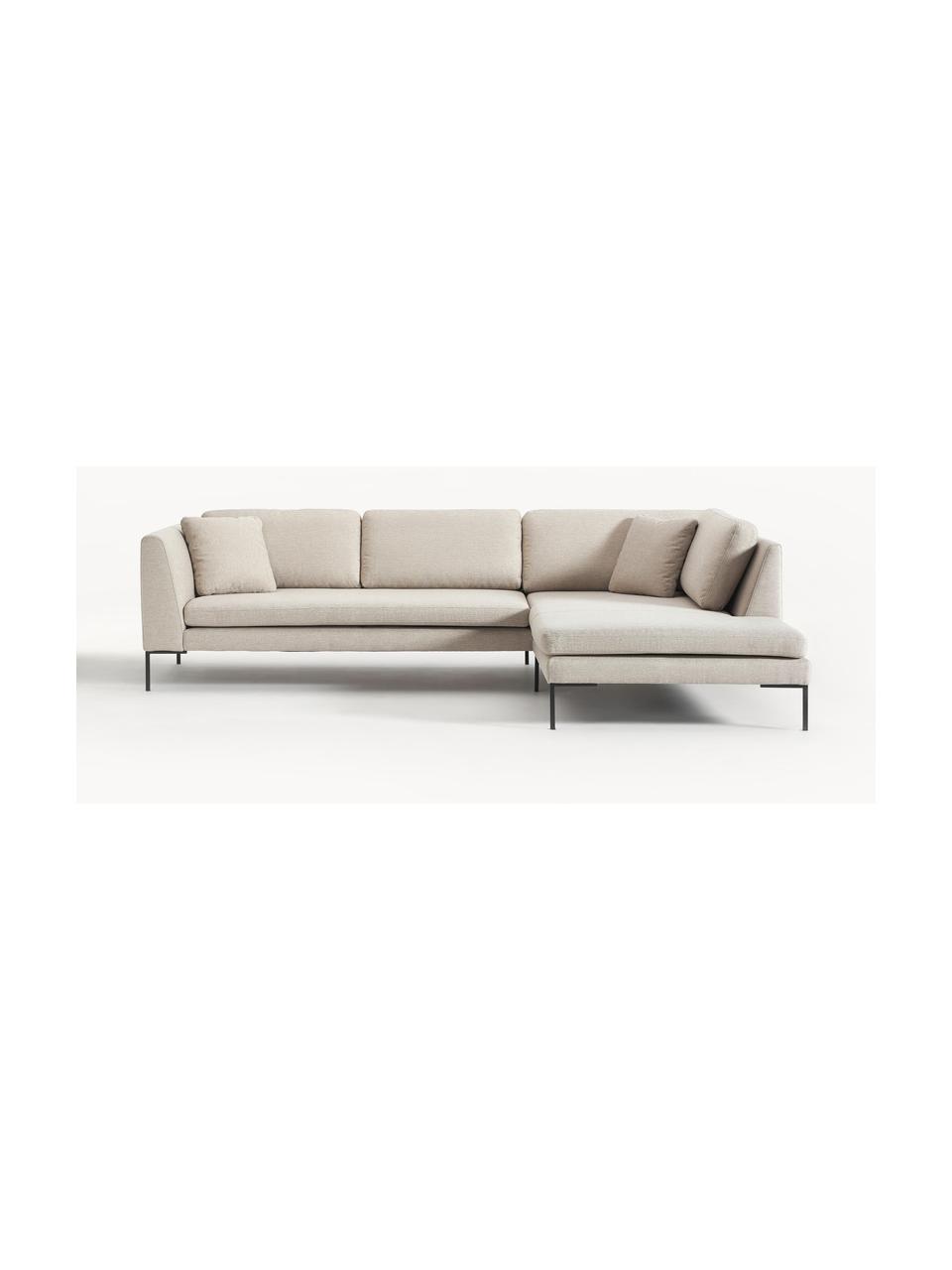 Sofa narożna z metalowymi nogami Emma, Tapicerka: poliester, Stelaż: lite drewno sosnowe z cer, Nogi: metal malowany proszkowo, Jasnobeżowa tkanina, S 302 x G 220 cm, lewostronna