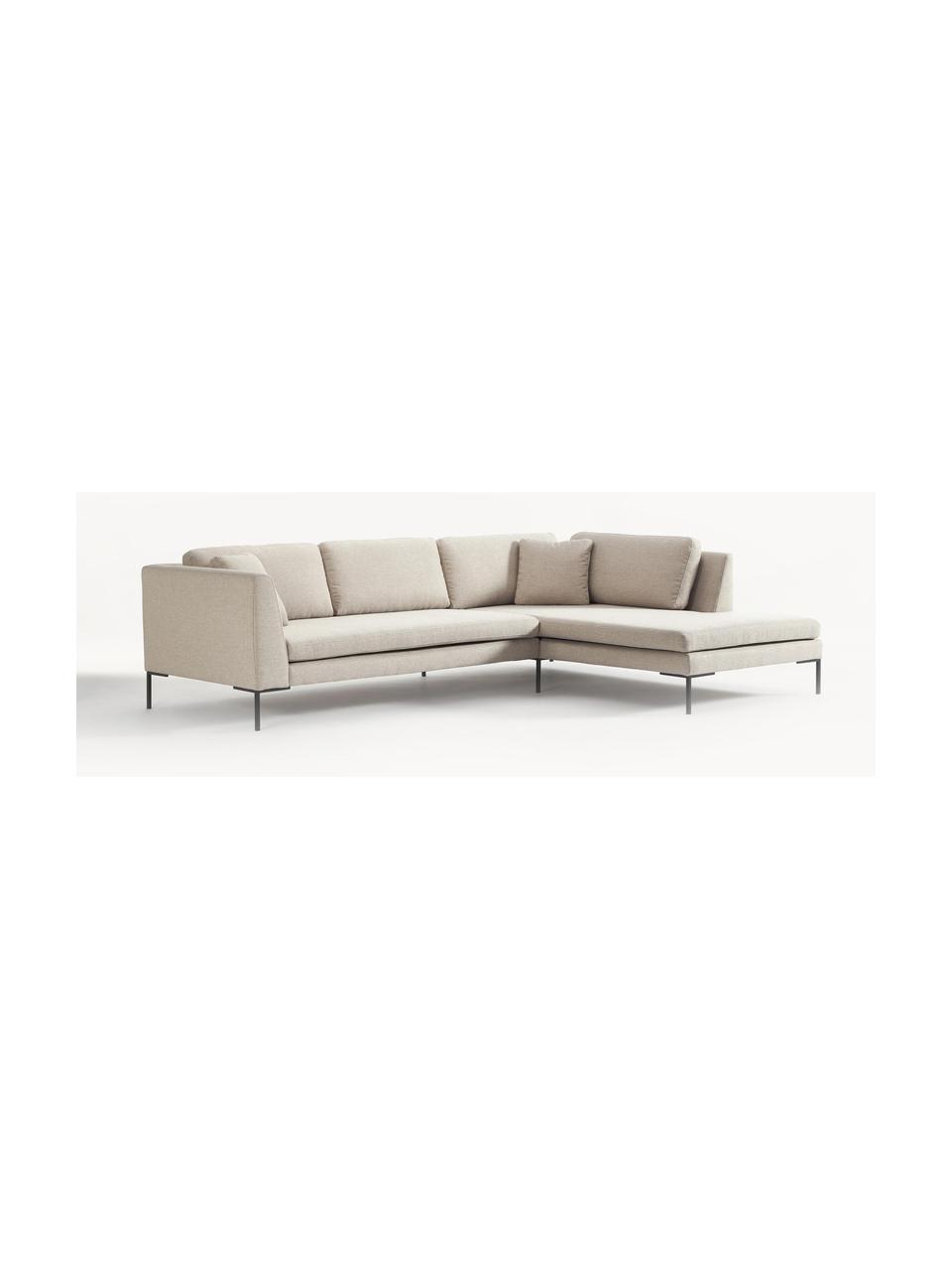 Sofa narożna z metalowymi nogami Emma, Tapicerka: poliester, Stelaż: lite drewno sosnowe z cer, Nogi: metal malowany proszkowo, Jasnobeżowa tkanina, S 302 x G 220 cm, lewostronna