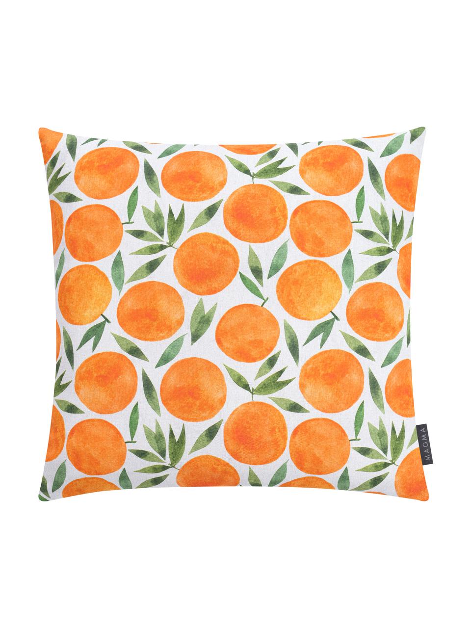 Kissenhülle Orange mit sommerlichem Motiv, Webart: Halbpanama, Orange, Weiss, Grün, 50 x 50 cm