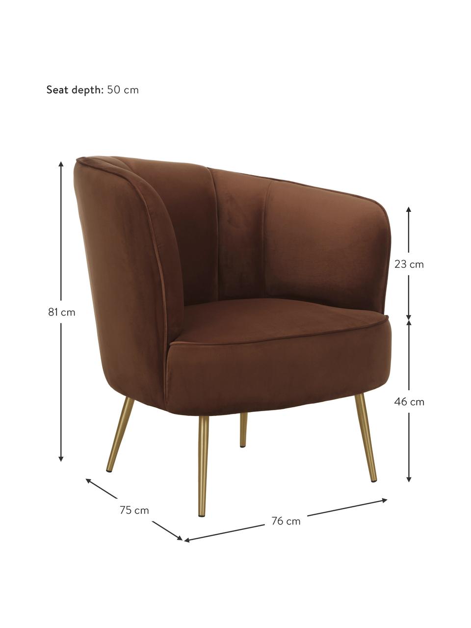 Fluwelen fauteuil Louise in bruin, Bekleding: fluweel (polyester), Poten: gecoat metaal, Fluweel bruin, B 76 x D 75 cm