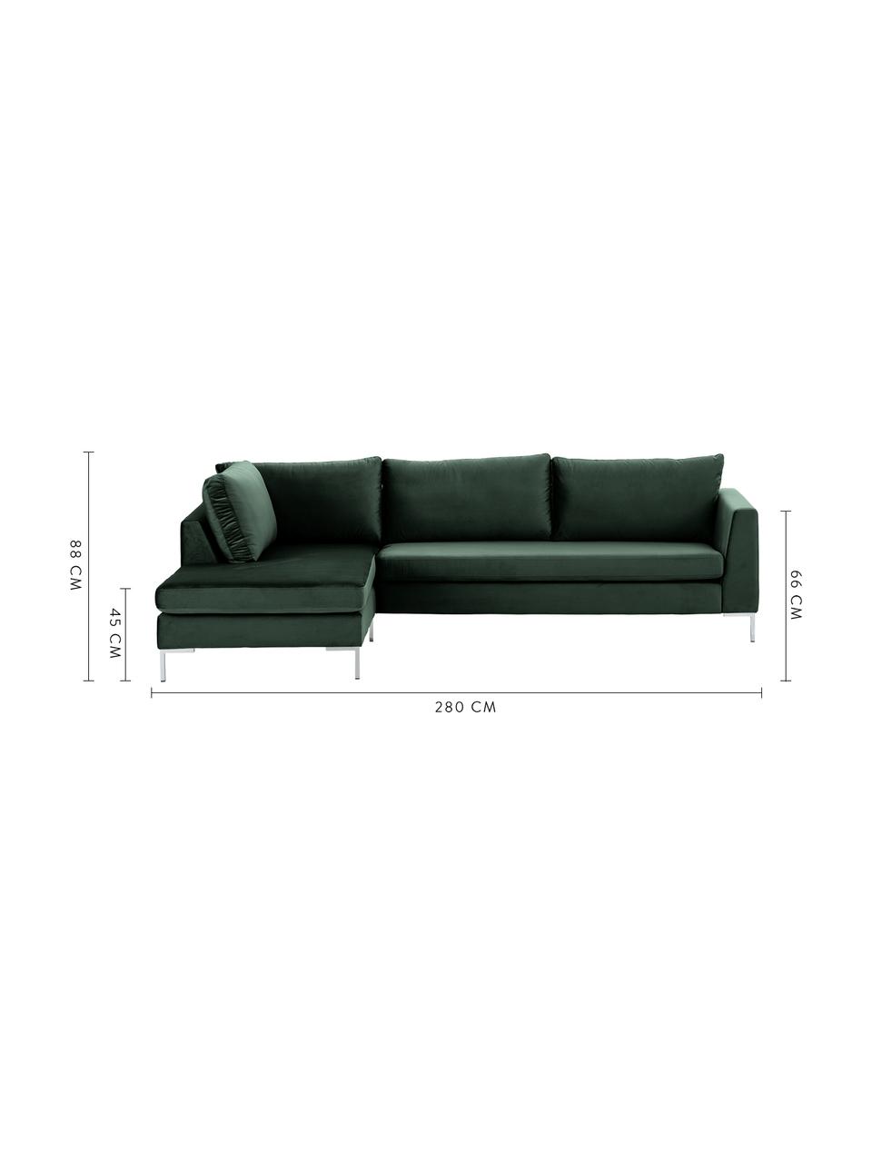 Sofa narożna z aksamitu Luna, Tapicerka: aksamit (100% poliester) , Stelaż: lite drewno bukowe, Nogi: metal galwanizowany, Ciemny zielony, S 280 x G 184 cm