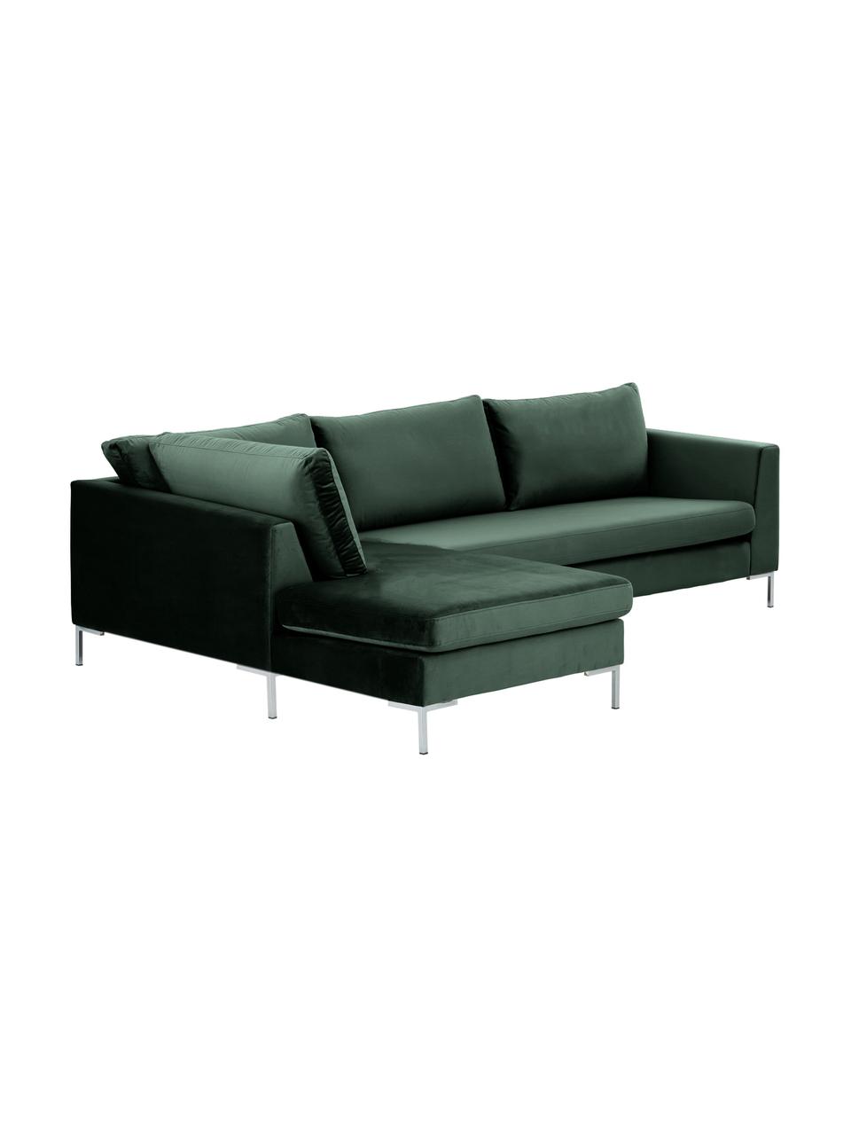 Samt-Ecksofa Luna, Bezug: Samt (Polyester) 80.000 S, Gestell: Massives Buchenholz, Füße: Metall, galvanisiert, Samt Dunkelgrün, Silber, B 280 x T 184 cm