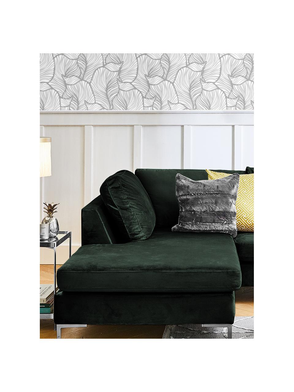 Samt-Ecksofa Luna, Bezug: Samt (Polyester) 80.000 S, Gestell: Massives Buchenholz, Füße: Metall, galvanisiert, Samt Dunkelgrün, Silber, B 280 x T 184 cm