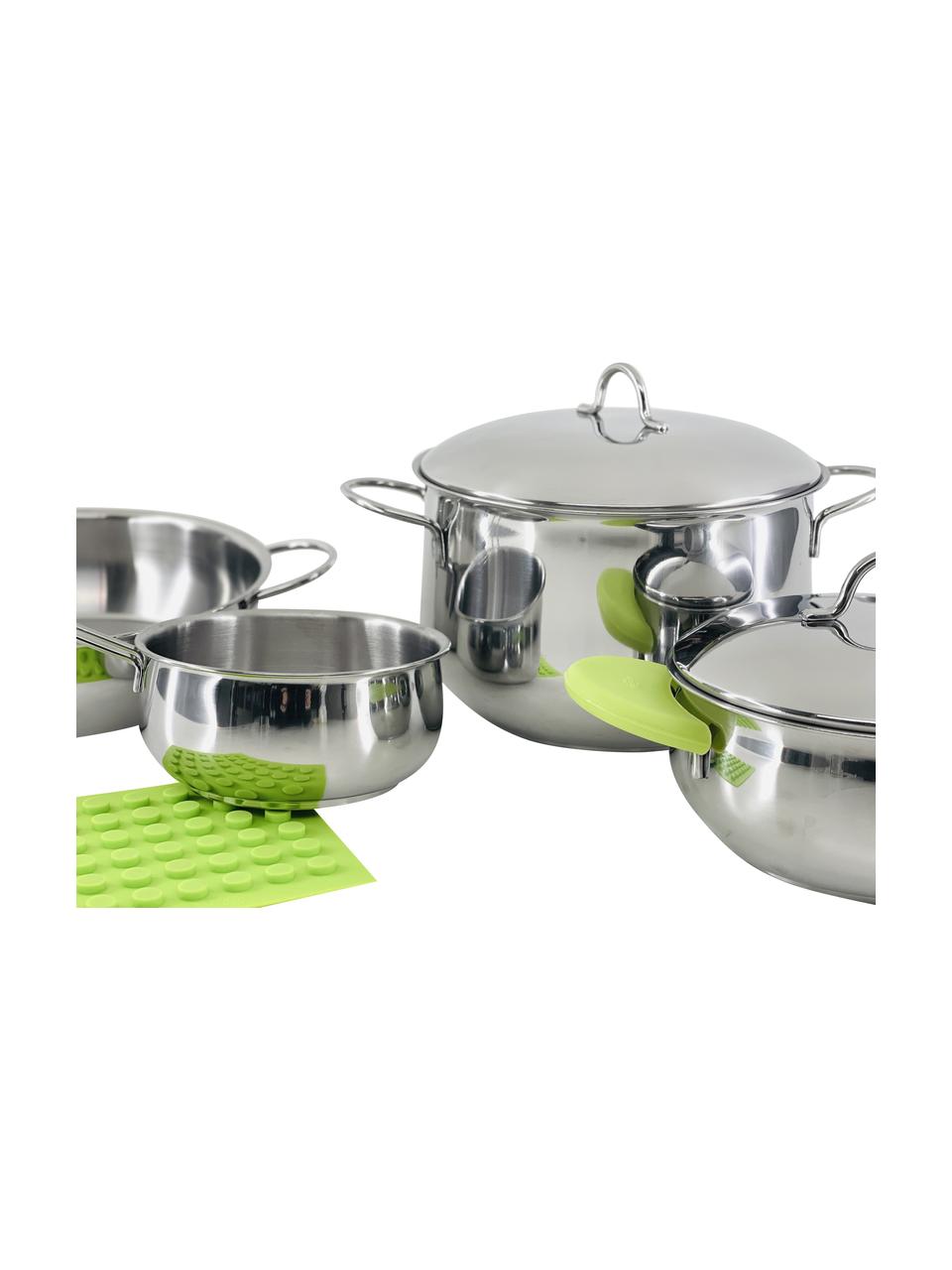Set da cucina in acciaio inossidabile 9 pz, Acciaio inossidabile 18/10, silicone, Argento, verde, Ø 24 x Alt. 19 cm