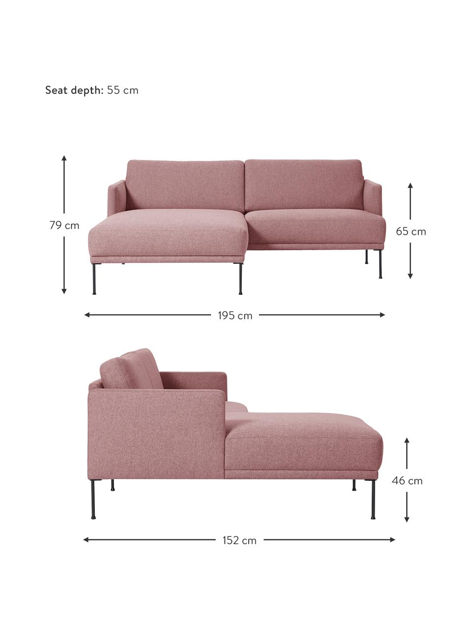 Kleines Samt-Ecksofa Fluente in Rosa
mit Metall-Füssen, Bezug: Samt (100 % Polyester) De, Gestell: Massives Kiefernholz, FSC, Samt Rosa, B 198 x T 152 cm