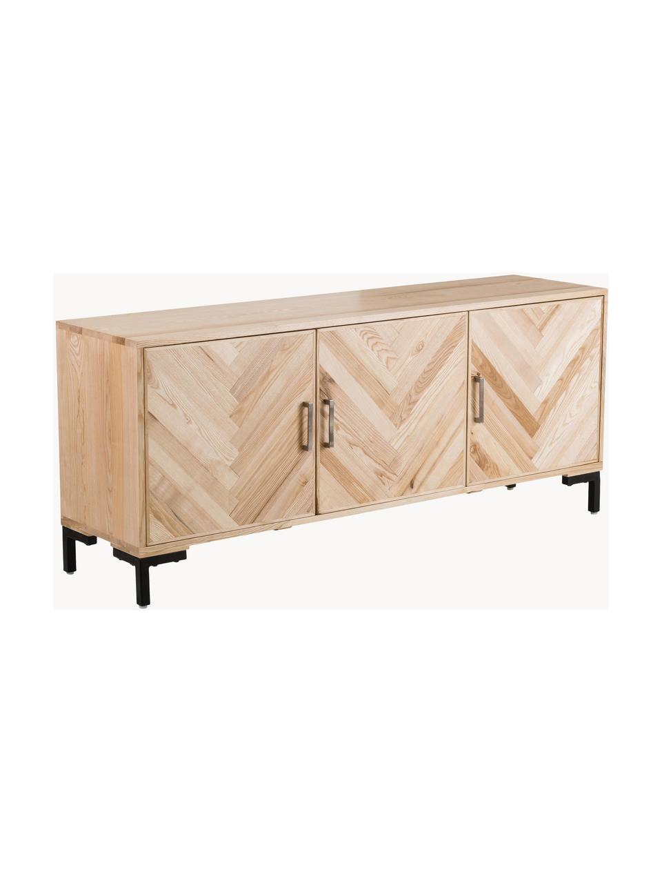 Credenza con ante in legno di frassino massiccio Leif, Maniglie: metallo rivestito, Piedini: metallo verniciato a polv, Legno di frassino, Larg. 177 x Alt. 75 cm