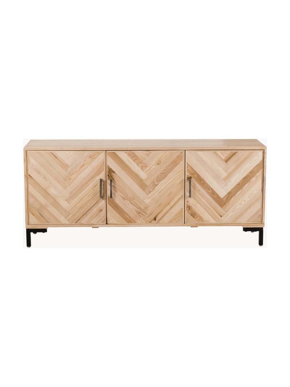 Dressoir Leif van massief essenhout, Frame: massief essenhout, gelakt, Handvatten: gecoat metaal, Poten: gepoedercoat metaal, Essenhout, zilverkleurig, B 177 x H 75 cm