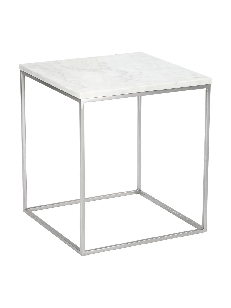 Mramorový odkládací stolek Alys, Bílý mramor, stříbrná, Š 45 cm, V 50 cm
