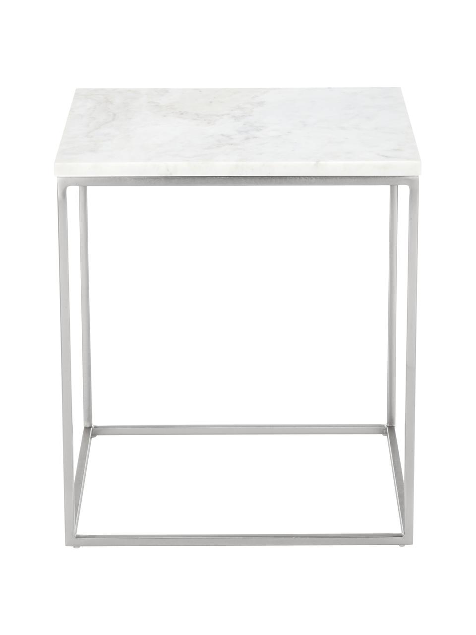 Marmor-Beistelltisch Alys, Tischplatte: Marmor, Gestell: Metall, pulverbeschichtet, Weiß, marmoriert, Silberfarben, B 45 x H 50 cm