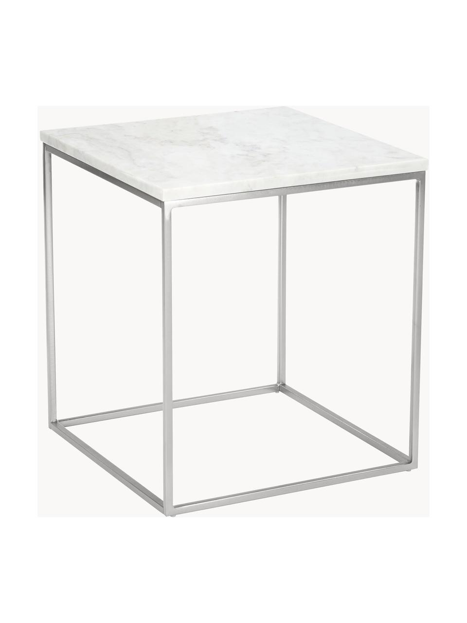 Marmor-Beistelltisch Alys, Tischplatte: Marmor, Gestell: Metall, pulverbeschichtet, Weiß, marmoriert, Silberfarben, B 45 x H 50 cm